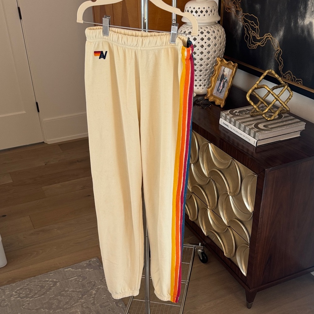 Aviator Nation Cream Track Pants with Rainbow Stripes